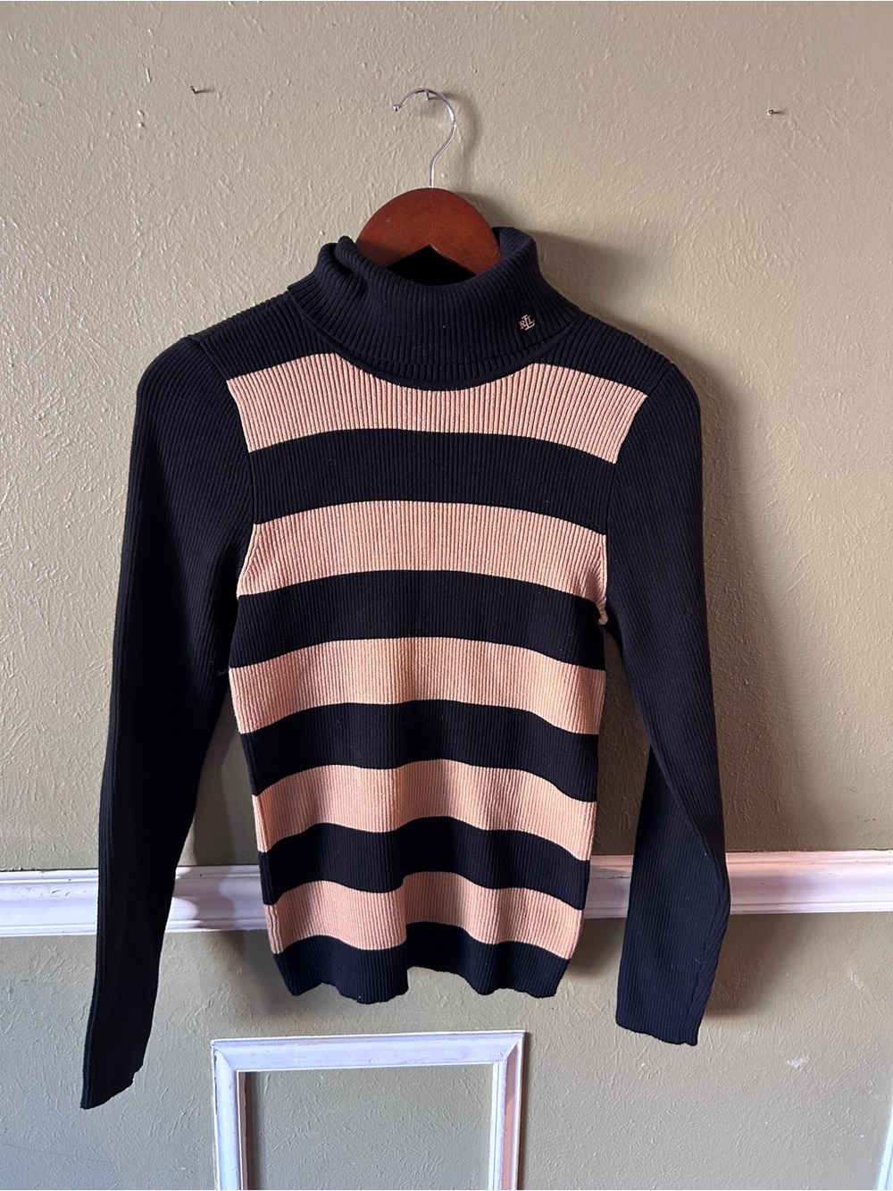 Lauren Ralph Lauren Quiet Luxury Striped Cotton Turtleneck Sweater Black Tan